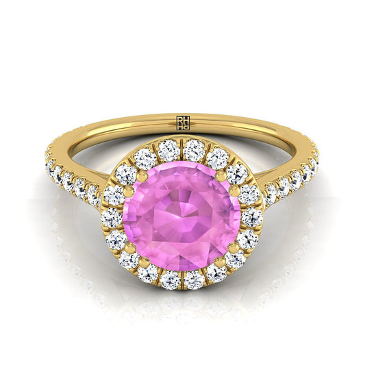 18K Yellow Gold Round Brilliant Pink Sapphire Horizontal Fancy East West Diamond Halo Engagement Ring -1/2ctw