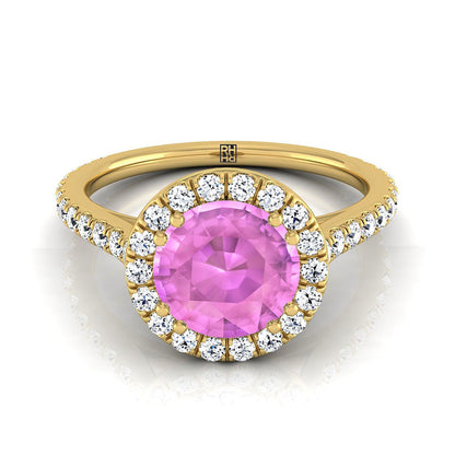 18K Yellow Gold Round Brilliant Pink Sapphire Horizontal Fancy East West Diamond Halo Engagement Ring -1/2ctw