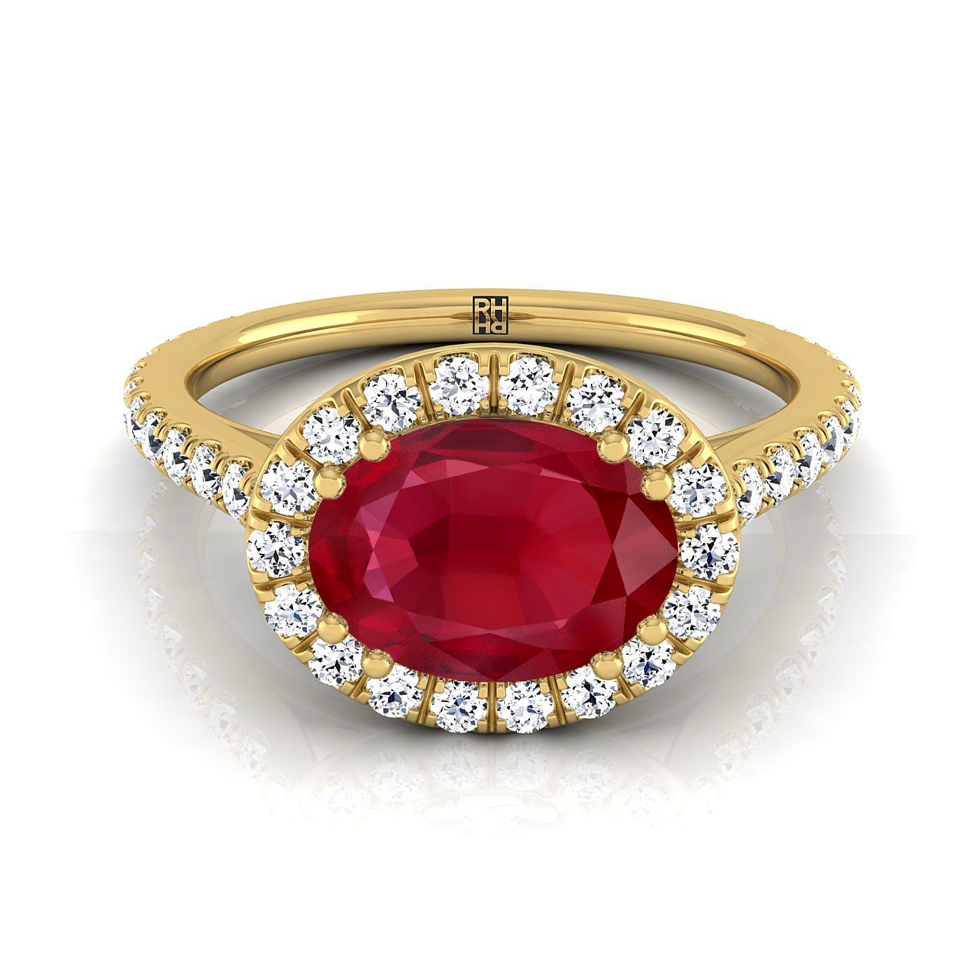 18K Yellow Gold Oval Ruby Horizontal Fancy East West Diamond Halo Engagement Ring -1/2ctw