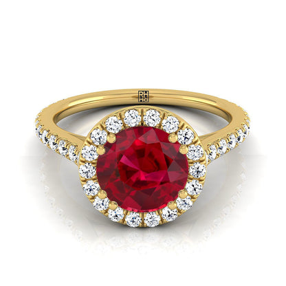 14K Yellow Gold Round Brilliant Ruby Horizontal Fancy East West Diamond Halo Engagement Ring -1/2ctw