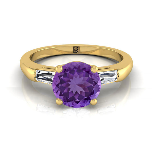14K Yellow Gold Round Brilliant Amethyst Three Stone Tapered Baguette Engagement Ring -1/5ctw