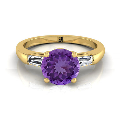 18K Yellow Gold Round Brilliant Amethyst Three Stone Tapered Baguette Engagement Ring -1/5ctw