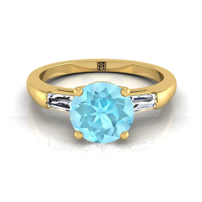 18K Yellow Gold Round Brilliant Aquamarine Three Stone Tapered Baguette Engagement Ring -1/5ctw
