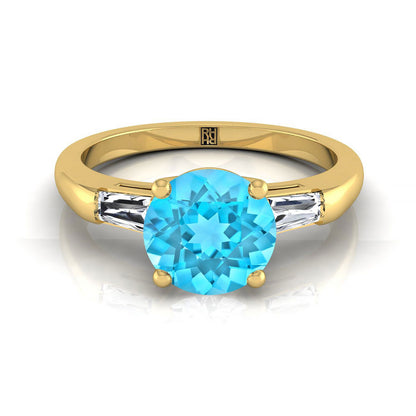 18K Yellow Gold Round Brilliant Swiss Blue Topaz Three Stone Tapered Baguette Engagement Ring -1/5ctw