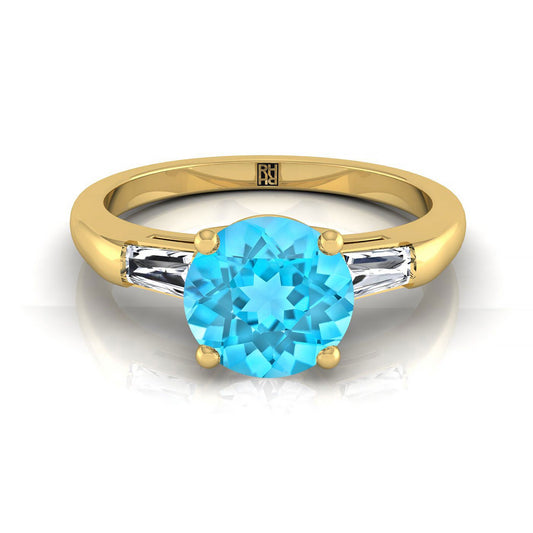14K Yellow Gold Round Brilliant Swiss Blue Topaz Three Stone Tapered Baguette Engagement Ring -1/5ctw