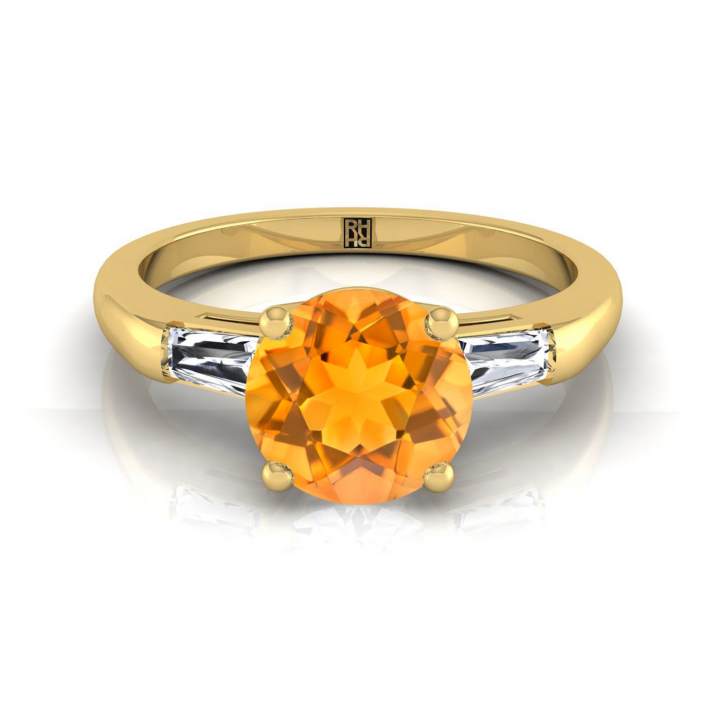 14K Yellow Gold Round Brilliant Citrine Three Stone Tapered Baguette Engagement Ring -1/5ctw