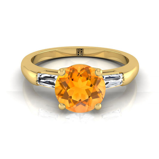 14K Yellow Gold Round Brilliant Citrine Three Stone Tapered Baguette Engagement Ring -1/5ctw