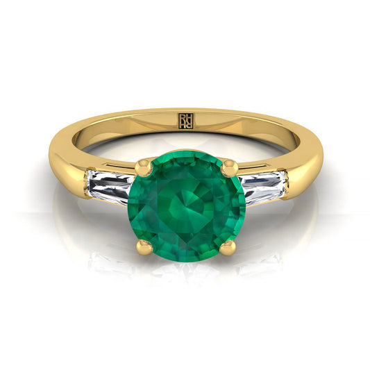 14K Yellow Gold Round Brilliant Emerald Three Stone Tapered Baguette Engagement Ring -1/5ctw