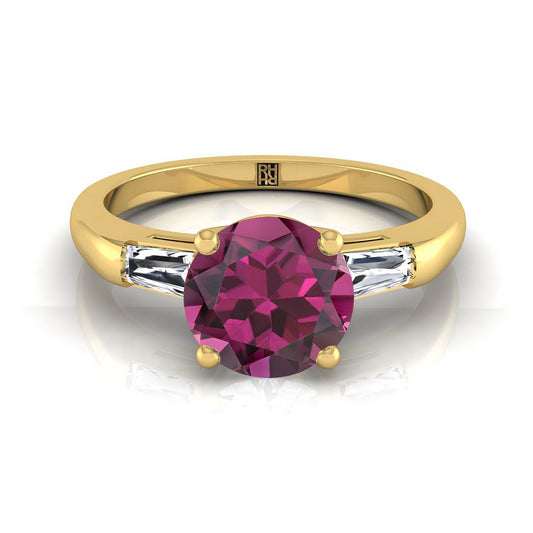 14K Yellow Gold Round Brilliant Garnet Three Stone Tapered Baguette Engagement Ring -1/5ctw