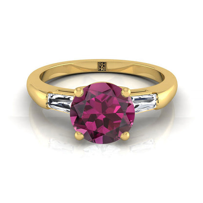 18K Yellow Gold Round Brilliant Garnet Three Stone Tapered Baguette Engagement Ring -1/5ctw