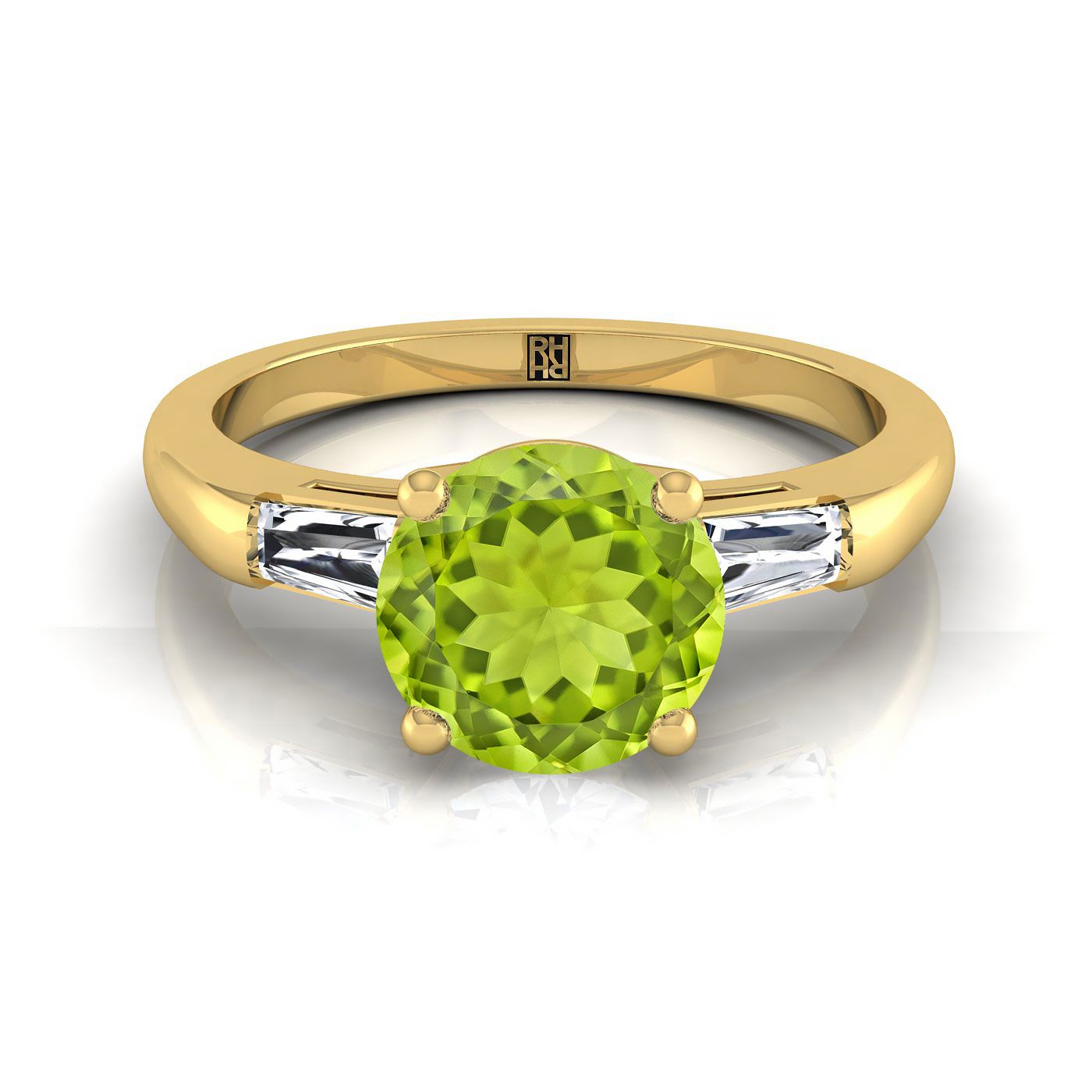 14K Yellow Gold Round Brilliant Peridot Three Stone Tapered Baguette Engagement Ring -1/5ctw