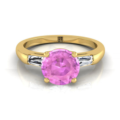 18K Yellow Gold Round Brilliant Pink Sapphire Three Stone Tapered Baguette Engagement Ring -1/5ctw