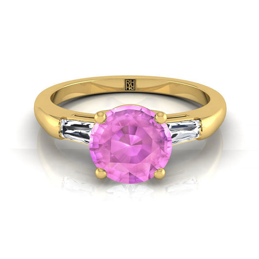 14K Yellow Gold Round Brilliant Pink Sapphire Three Stone Tapered Baguette Engagement Ring -1/5ctw