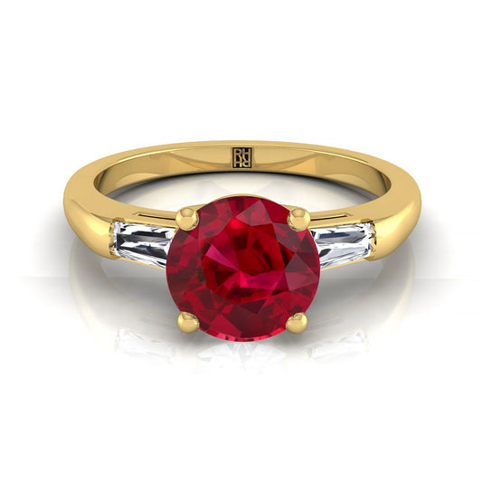 18K Yellow Gold Round Brilliant Ruby Three Stone Tapered Baguette Engagement Ring -1/5ctw