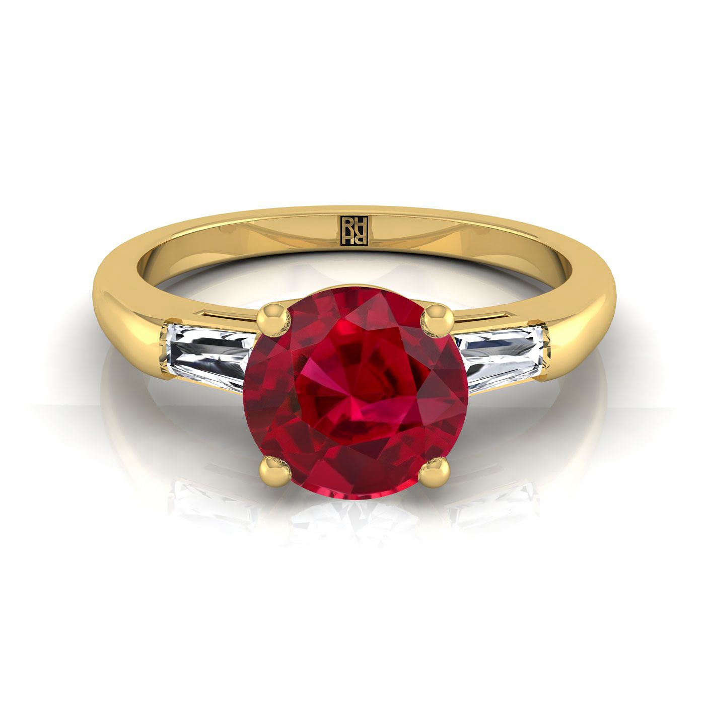 18K Yellow Gold Round Brilliant Ruby Three Stone Tapered Baguette Engagement Ring -1/5ctw