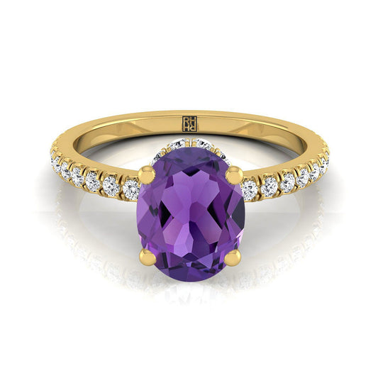 14K Yellow Gold Oval Amethyst Secret Diamond Halo French Pave Solitaire Engagement Ring -1/3ctw