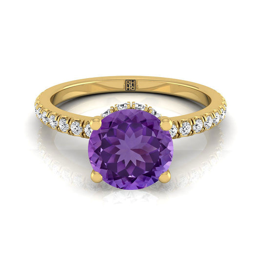 14K Yellow Gold Round Brilliant Amethyst Secret Diamond Halo French Pave Solitaire Engagement Ring -1/3ctw
