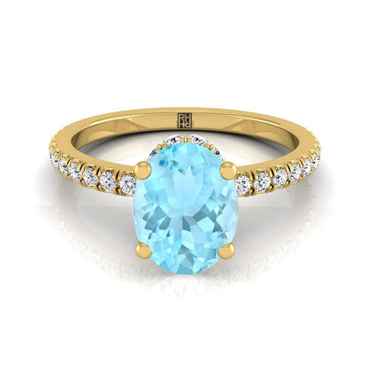 18K Yellow Gold Oval Aquamarine Secret Diamond Halo French Pave Solitaire Engagement Ring -1/3ctw
