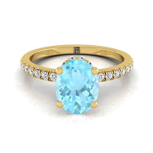 18K Yellow Gold Oval Aquamarine Secret Diamond Halo French Pave Solitaire Engagement Ring -1/3ctw