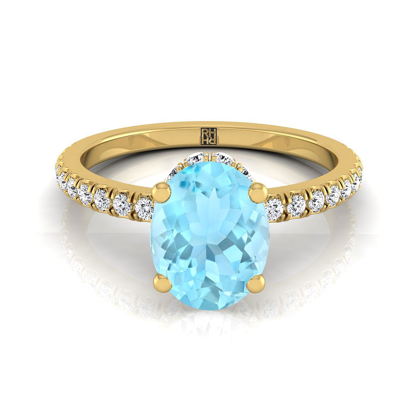 14K Yellow Gold Oval Aquamarine Secret Diamond Halo French Pave Solitaire Engagement Ring -1/3ctw