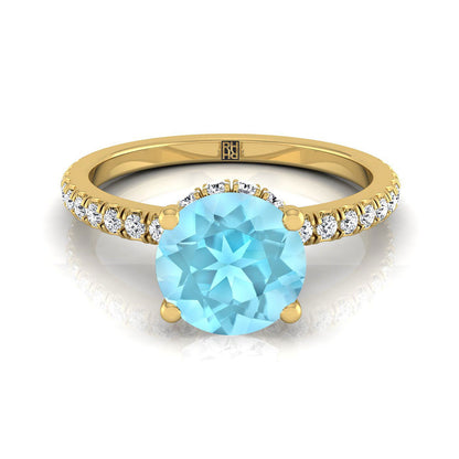 18K Yellow Gold Round Brilliant Aquamarine Secret Diamond Halo French Pave Solitaire Engagement Ring -1/3ctw