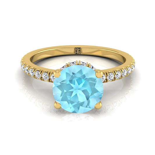 14K Yellow Gold Round Brilliant Aquamarine Secret Diamond Halo French Pave Solitaire Engagement Ring -1/3ctw