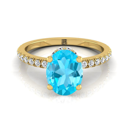14K Yellow Gold Oval Swiss Blue Topaz Secret Diamond Halo French Pave Solitaire Engagement Ring -1/3ctw