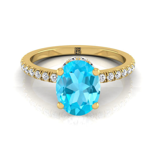 14K Yellow Gold Oval Swiss Blue Topaz Secret Diamond Halo French Pave Solitaire Engagement Ring -1/3ctw