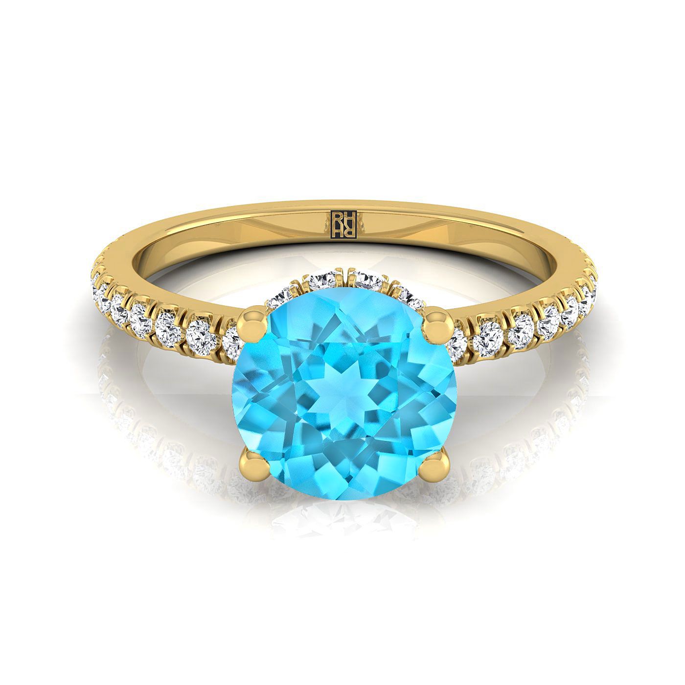 14K Yellow Gold Round Brilliant Swiss Blue Topaz Secret Diamond Halo French Pave Solitaire Engagement Ring -1/3ctw