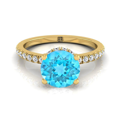 18K Yellow Gold Round Brilliant Swiss Blue Topaz Secret Diamond Halo French Pave Solitaire Engagement Ring -1/3ctw