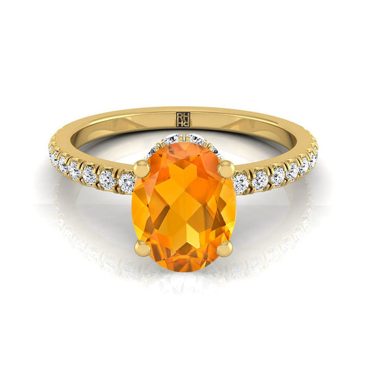 18K Yellow Gold Oval Citrine Secret Diamond Halo French Pave Solitaire Engagement Ring -1/3ctw