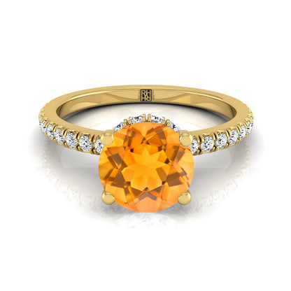 14K Yellow Gold Round Brilliant Citrine Secret Diamond Halo French Pave Solitaire Engagement Ring -1/3ctw