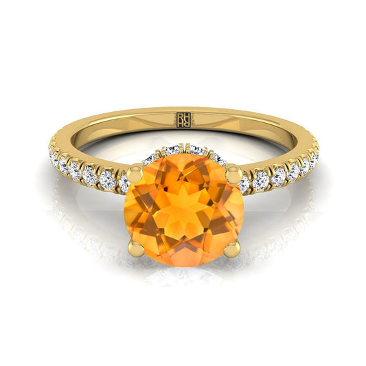 18K Yellow Gold Round Brilliant Citrine Secret Diamond Halo French Pave Solitaire Engagement Ring -1/3ctw