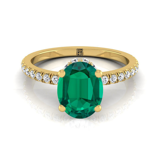 14K Yellow Gold Oval Emerald Secret Diamond Halo French Pave Solitaire Engagement Ring -1/3ctw