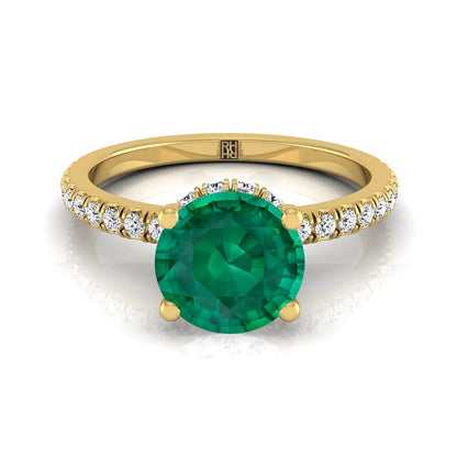 18K Yellow Gold Round Brilliant Emerald Secret Diamond Halo French Pave Solitaire Engagement Ring -1/3ctw