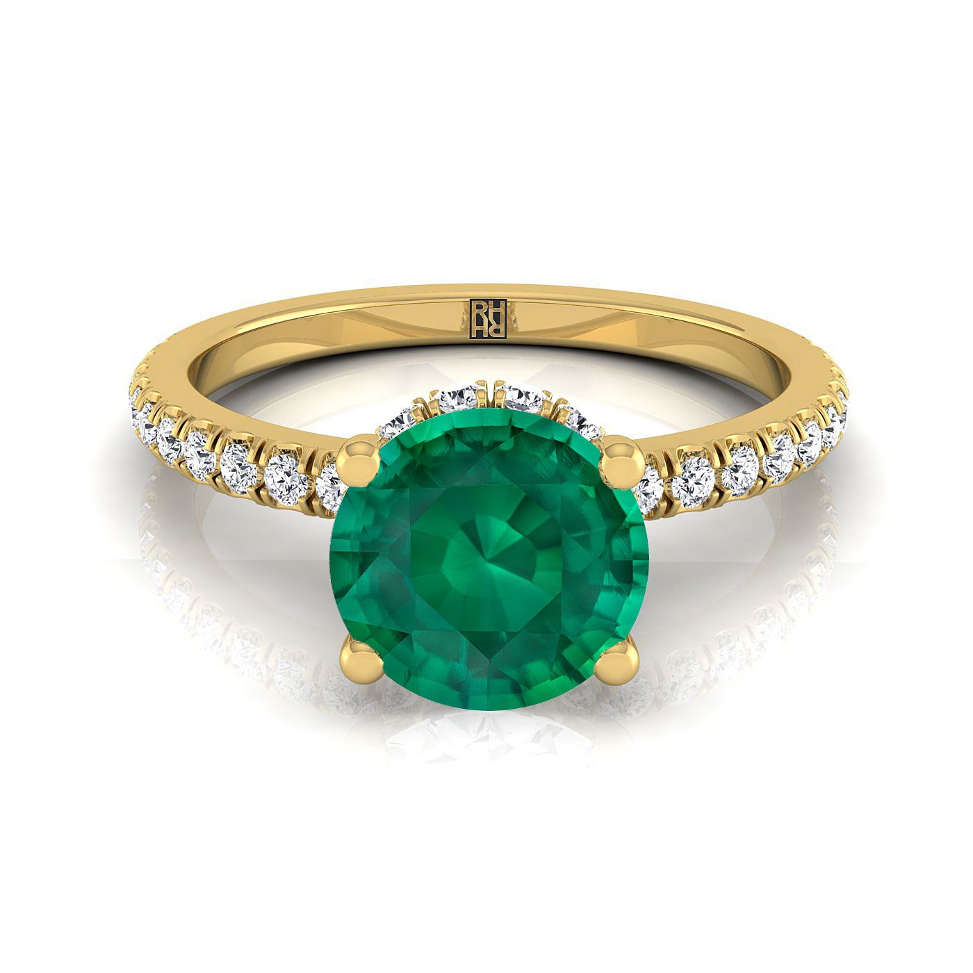 14K Yellow Gold Round Brilliant Emerald Secret Diamond Halo French Pave Solitaire Engagement Ring -1/3ctw