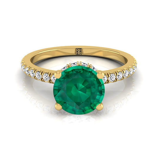 14K Yellow Gold Round Brilliant Emerald Secret Diamond Halo French Pave Solitaire Engagement Ring -1/3ctw
