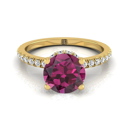 14K Yellow Gold Round Brilliant Garnet Secret Diamond Halo French Pave Solitaire Engagement Ring -1/3ctw