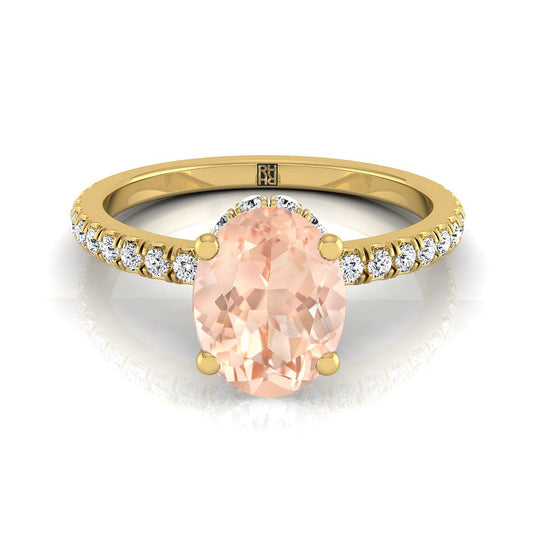 18K Yellow Gold Oval Morganite Secret Diamond Halo French Pave Solitaire Engagement Ring -1/3ctw