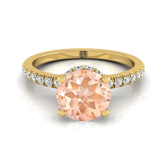 18K Yellow Gold Round Brilliant Morganite Secret Diamond Halo French Pave Solitaire Engagement Ring -1/3ctw