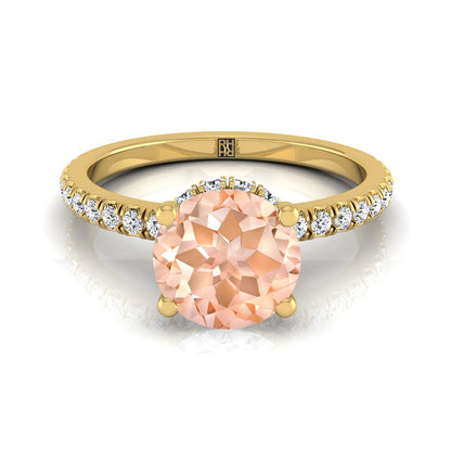 14K Yellow Gold Round Brilliant Morganite Secret Diamond Halo French Pave Solitaire Engagement Ring -1/3ctw