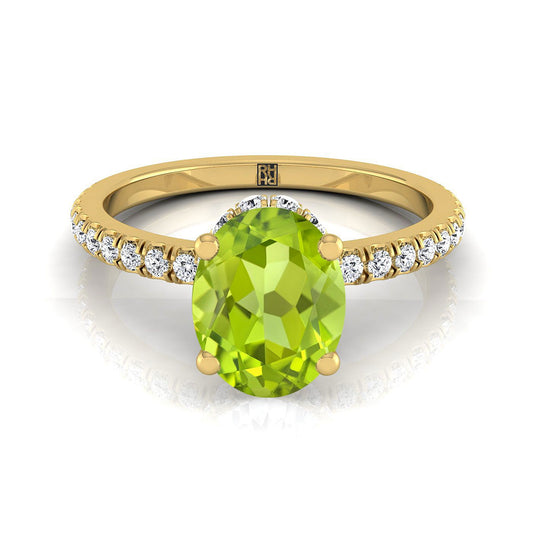 18K Yellow Gold Oval Peridot Secret Diamond Halo French Pave Solitaire Engagement Ring -1/3ctw