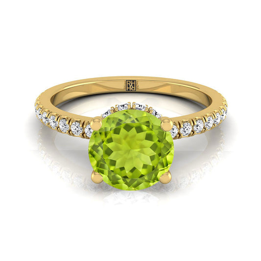 18K Yellow Gold Round Brilliant Peridot Secret Diamond Halo French Pave Solitaire Engagement Ring -1/3ctw