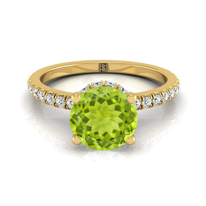 14K Yellow Gold Round Brilliant Peridot Secret Diamond Halo French Pave Solitaire Engagement Ring -1/3ctw