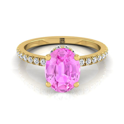 18K Yellow Gold Oval Pink Sapphire Secret Diamond Halo French Pave Solitaire Engagement Ring -1/3ctw