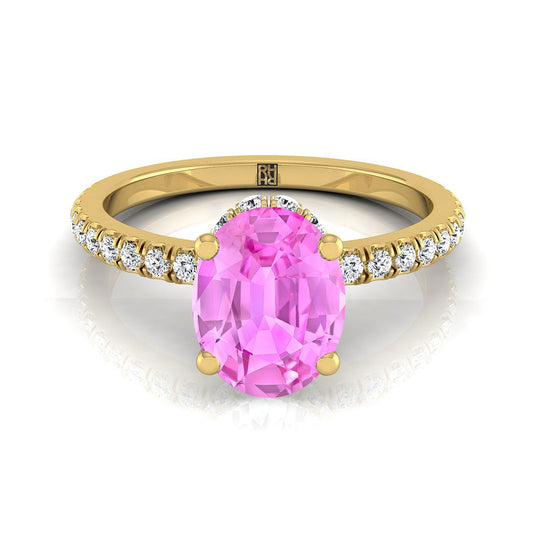 18K Yellow Gold Oval Pink Sapphire Secret Diamond Halo French Pave Solitaire Engagement Ring -1/3ctw