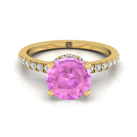 18K Yellow Gold Round Brilliant Pink Sapphire Secret Diamond Halo French Pave Solitaire Engagement Ring -1/3ctw