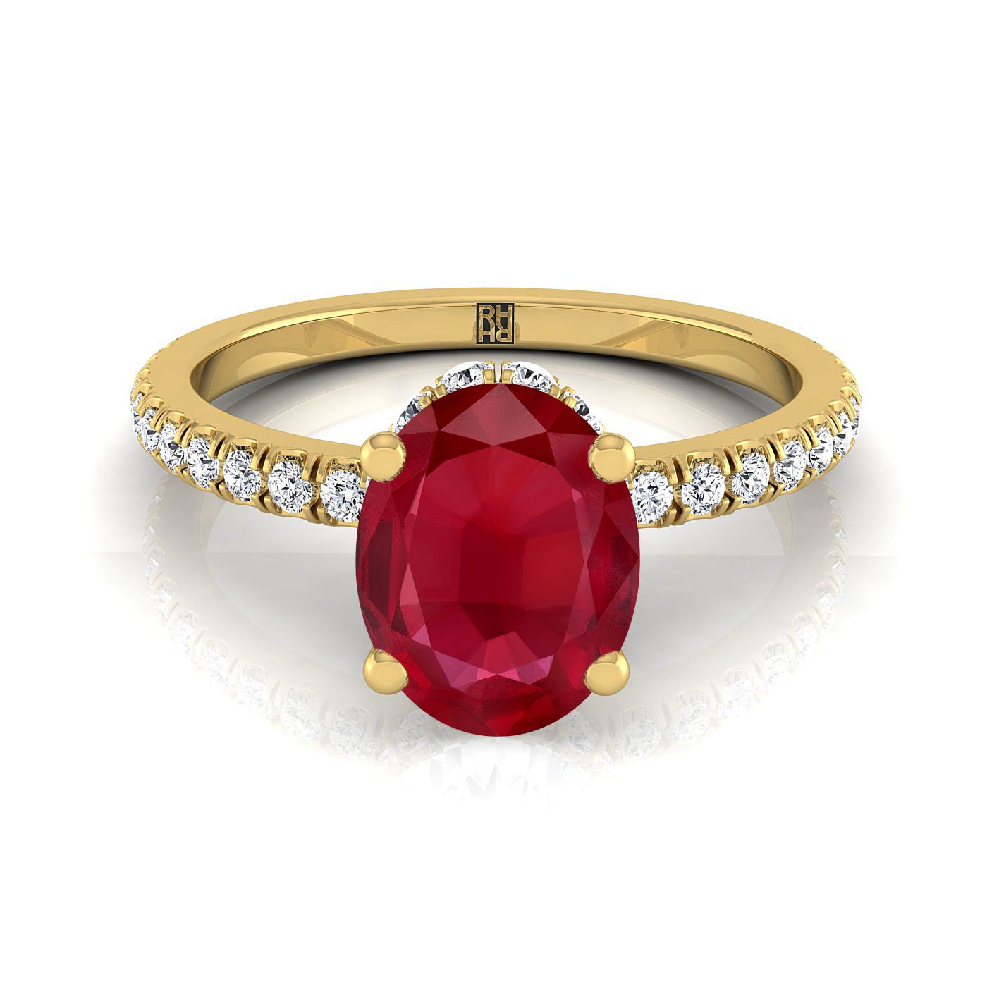 18K Yellow Gold Oval Ruby Secret Diamond Halo French Pave Solitaire Engagement Ring -1/3ctw