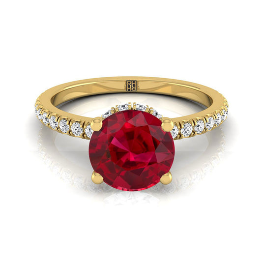 18K Yellow Gold Round Brilliant Ruby Secret Diamond Halo French Pave Solitaire Engagement Ring -1/3ctw