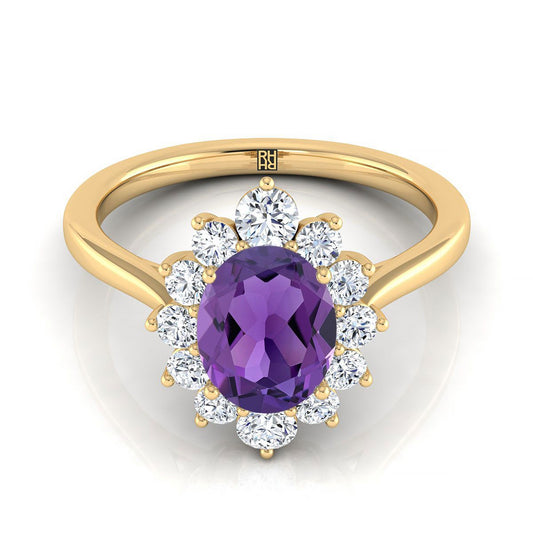 18K Yellow Gold Oval Amethyst Floral Diamond Halo Engagement Ring -1/2ctw